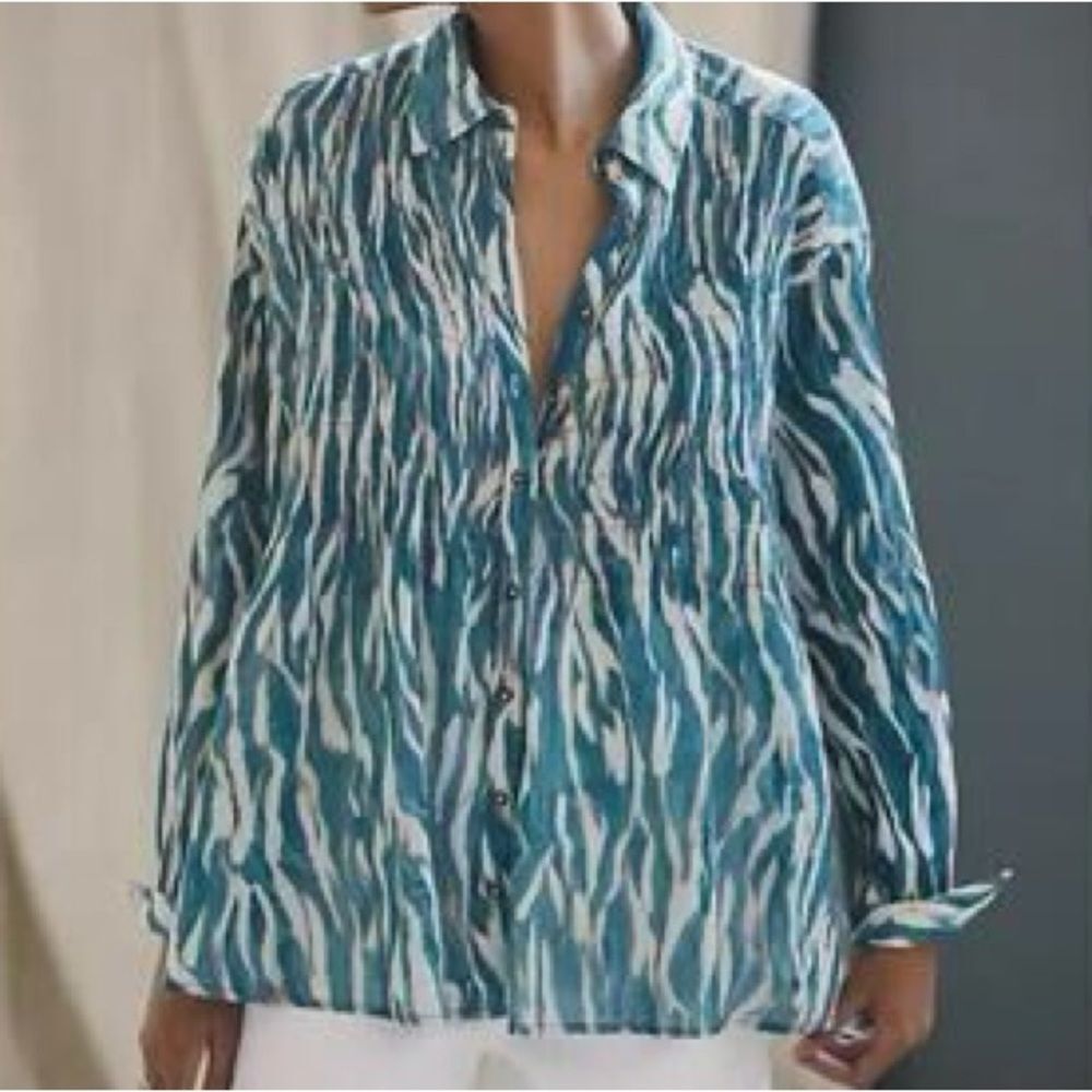 Anthropologie Large Button Up Top Blue/White Contemporary Chic Semi Sheer Cotton